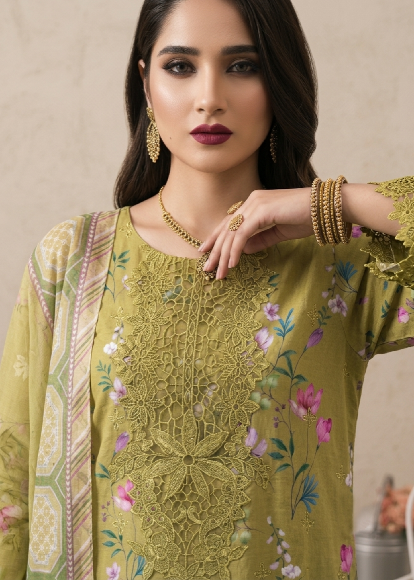 Embroidered Olive Green Lawn Pakistani Suit Online in Dubai DXB UAE Abudhabi Meena Bazaar