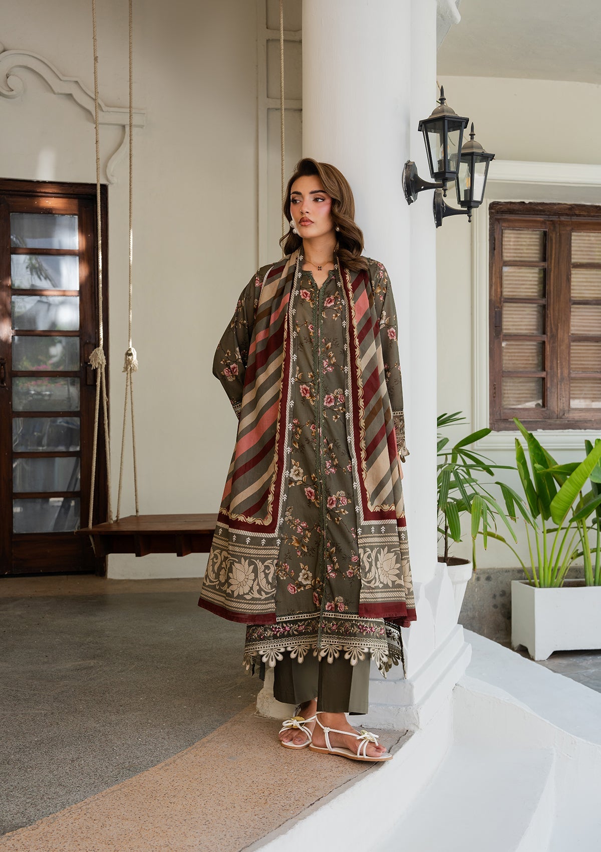 Embroidered Olive Green Lawn Suit Online in Dubai DXB UAE Abudhabi Meena Bazaar
