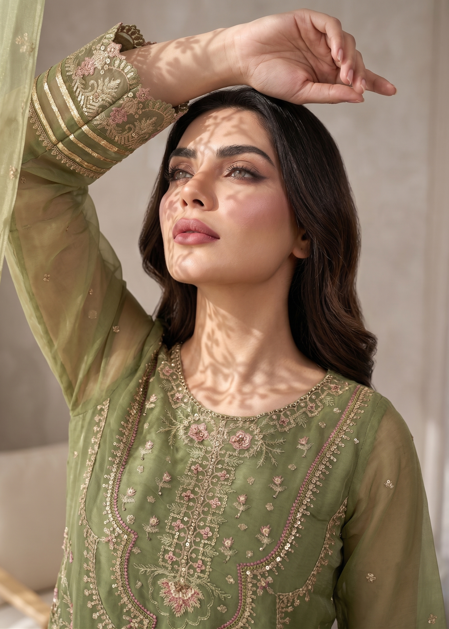 Embroidered Olive Green Organza Festive Outfit Online in Dubai DXB UAE Abudhabi Meena Bazaar