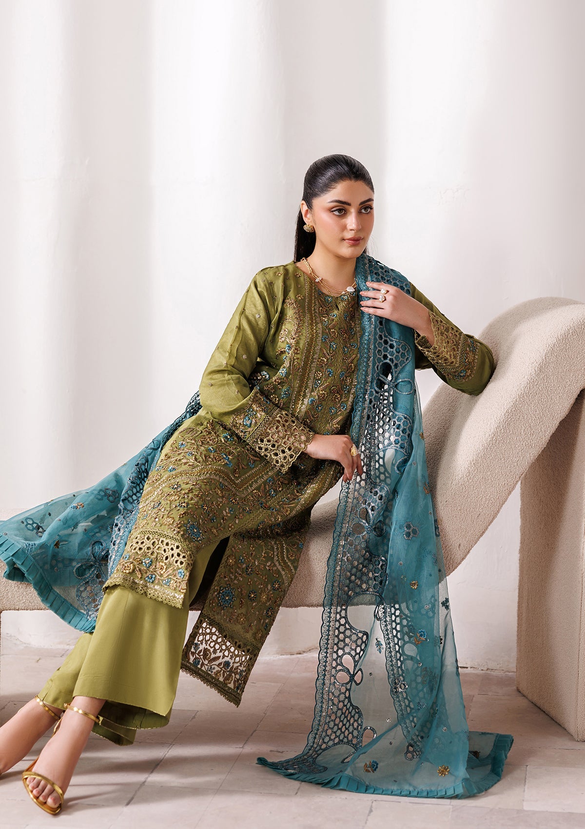 Embroidered Olive Green Organza Ladies Salwar Suit Online in Dubai UAE Abudhabi Ajman Sharjah