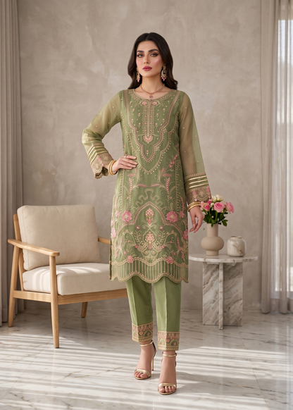 Embroidered Olive Green Organza Pakistani Suit Online in Dubai DXB UAE Abudhabi Meena Bazaar