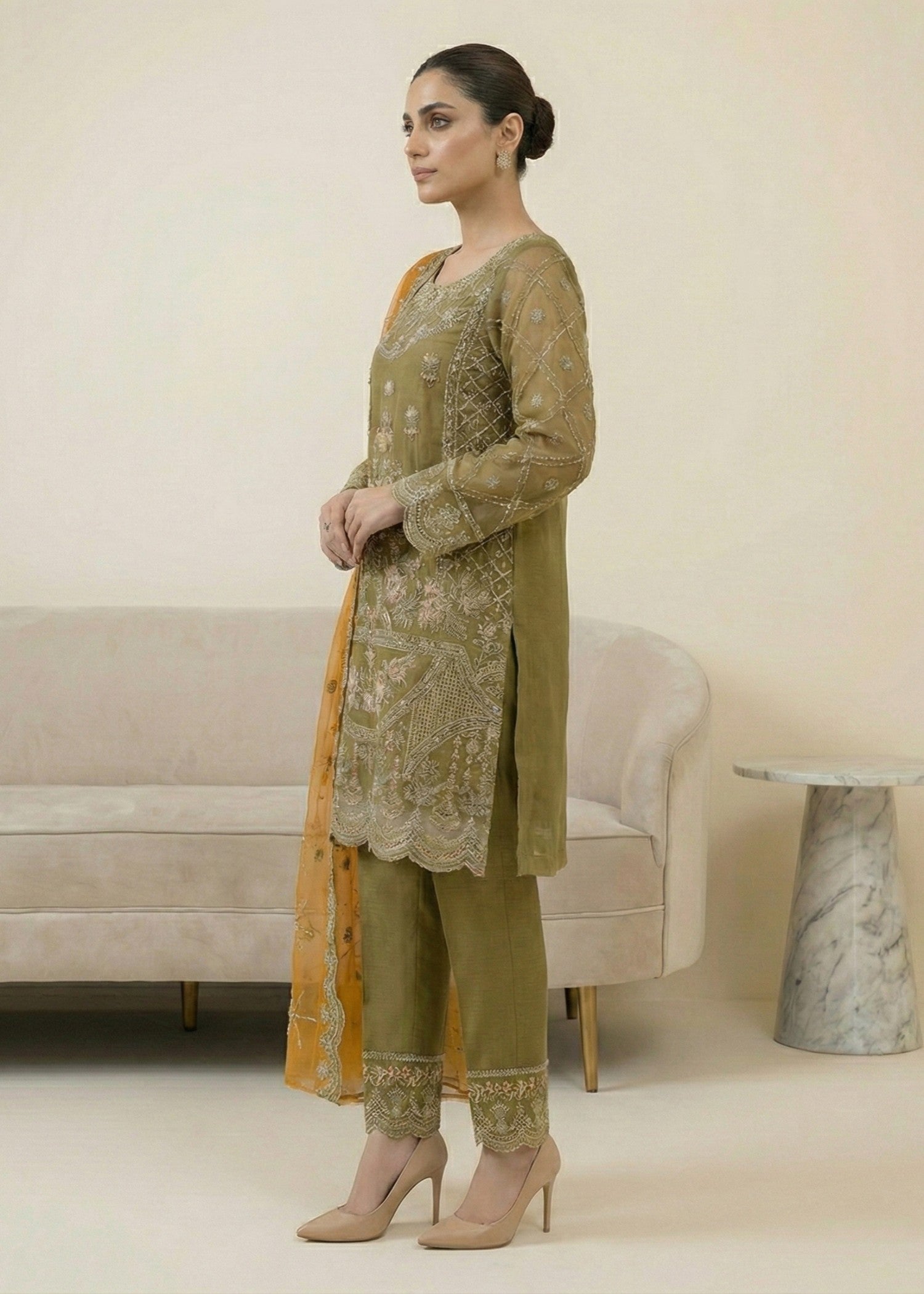 Embroidered Olive Green Organza Pakistani Suit Online in Dubai UAE Abudhabi Ajman Sharjah