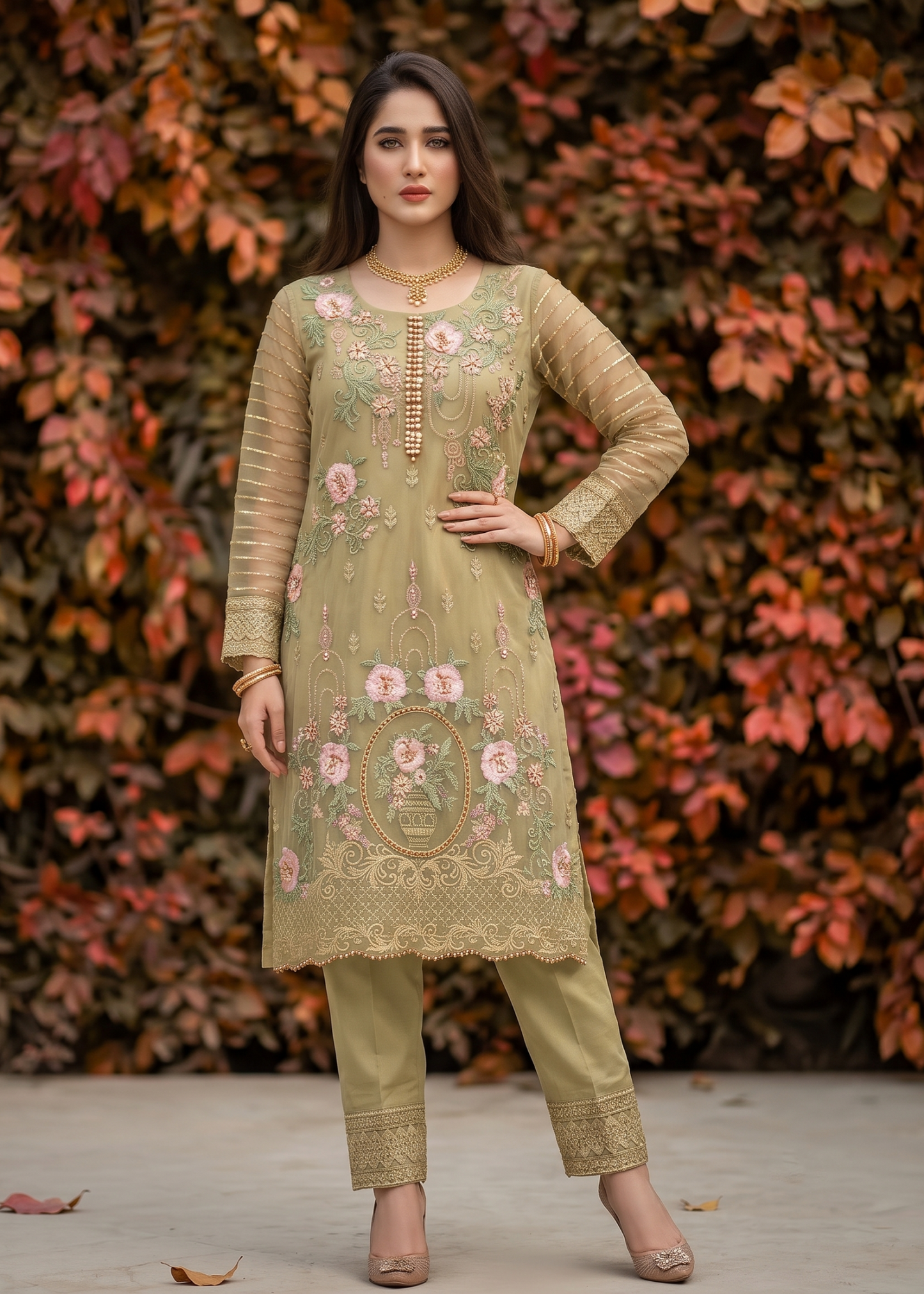 Embroidered Olive Green Organza Salwar Kameez Online in KSA Riyadh Saudi Arabia Oman Bahrain Qatar