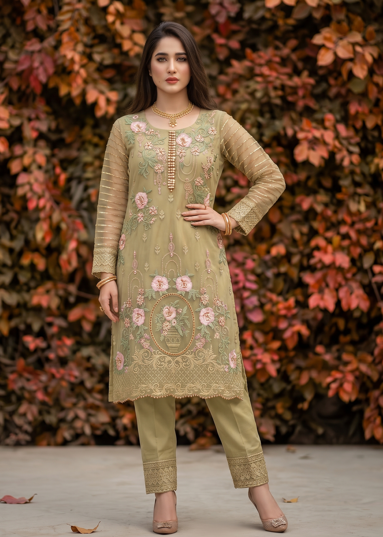 Embroidered Olive Green Organza Salwar Kameez Online in KSA Riyadh Saudi Arabia Oman Bahrain Qatar