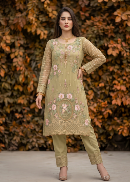 Embroidered Olive Green Organza Shalwar Kameez Online in Dubai UAE Abudhabi Ajman Sharjah