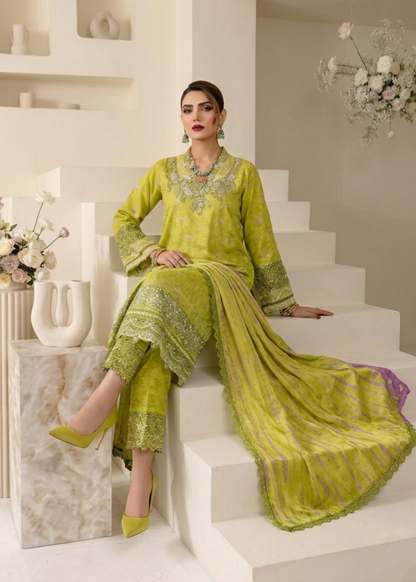 Embroidered Olive Green Raw Silk Pakistani Dress Online in Dubai DXB UAE Abudhabi Meena Bazaar