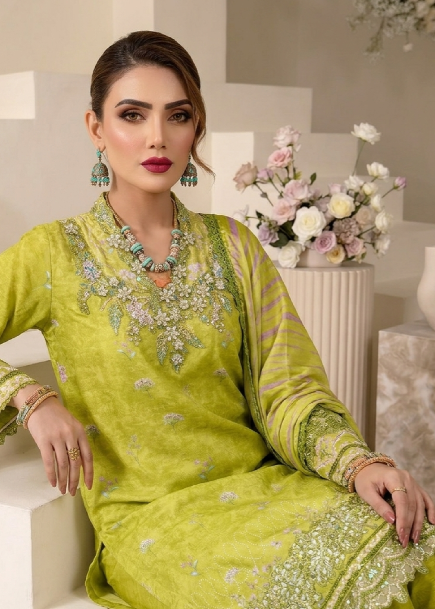Embroidered Olive Green Raw Silk Party Wear Suit Online in Dubai DXB UAE Abudhabi Meena Bazaar