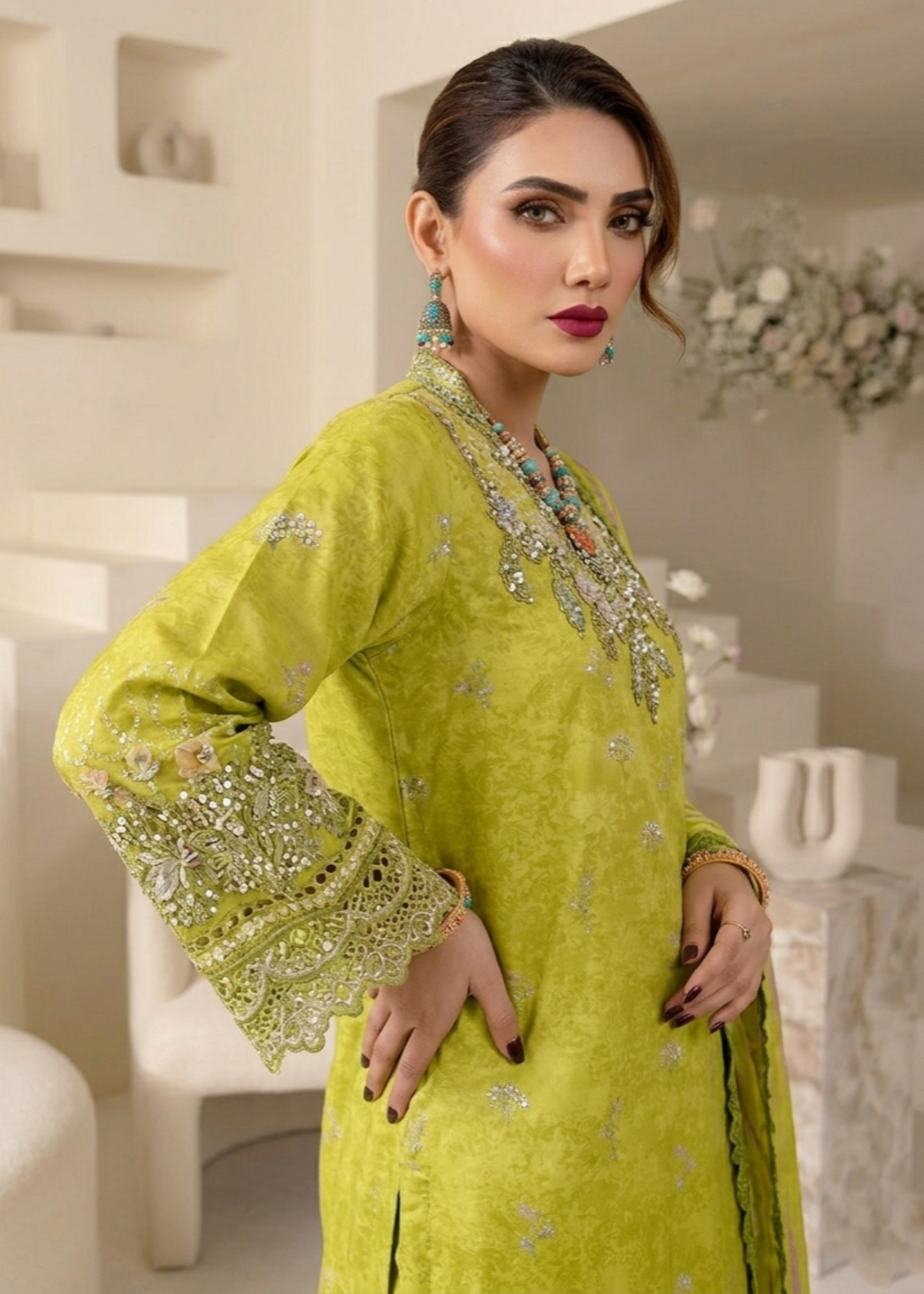 Embroidered Olive Green Raw Silk Straight Kurta Suit Online in Dubai DXB UAE Abudhabi Meena Bazaar