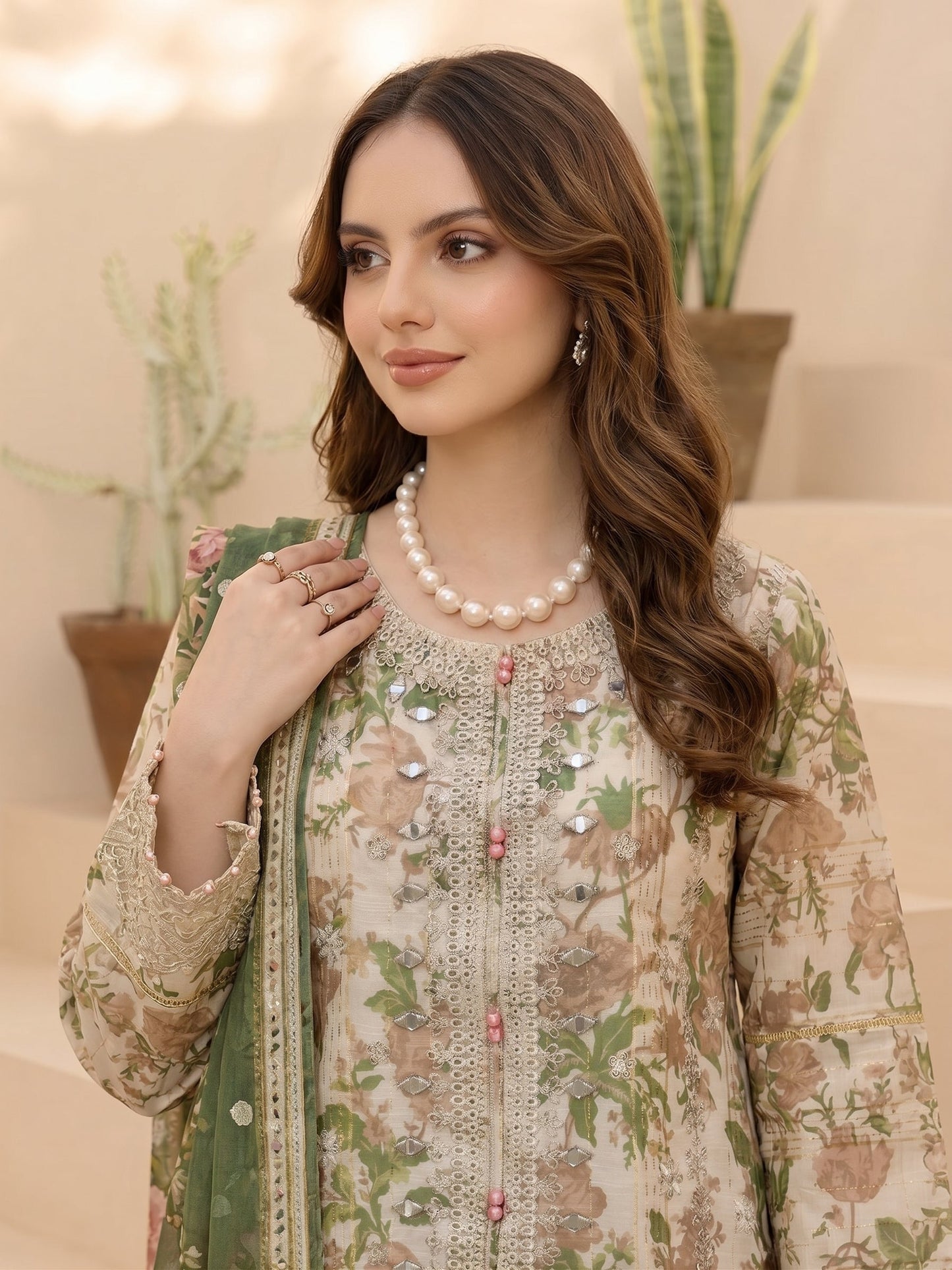 Embroidered Olive Munaar Salwar Kameez Online in KSA Riyadh Saudi Arabia Oman Bahrain Qatar