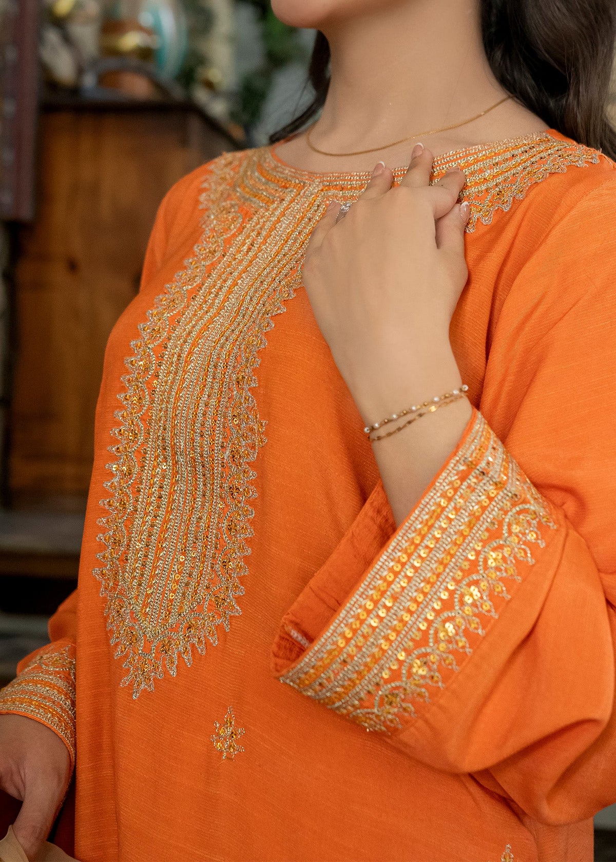 Embroidered Orange Organza Dupatta Farshi Shalwar Online in Dubai DXB UAE Abudhabi Meena Bazaar
