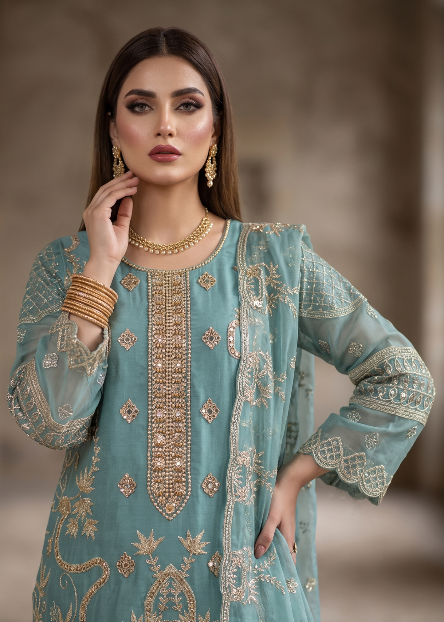 Embroidered Organza Aquamarine Festive Suit Online in KSA Riyadh Saudi Arabia Oman Bahrain Qatar