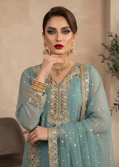 Embroidered Organza Aquamarine Ladies Suit Online in Sri Lanka India Australia