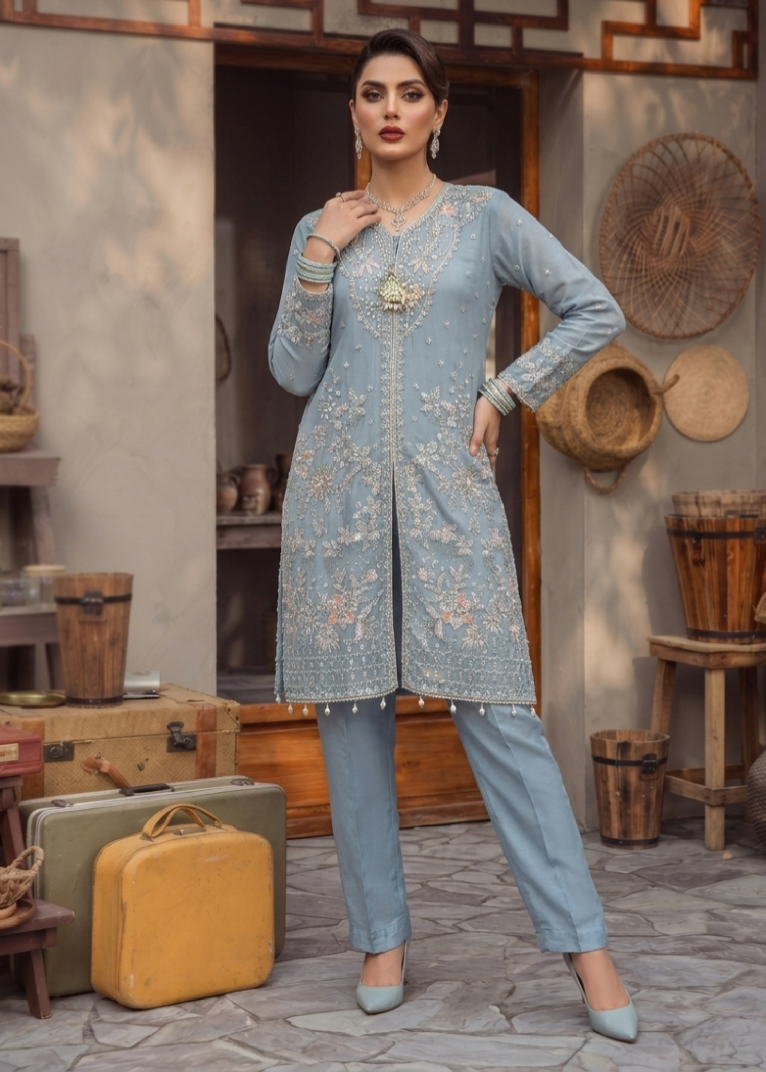 Embroidered Organza Duck Egg Grey Pakistani Suit Online in Dubai DXB UAE Abudhabi Meena Bazaar