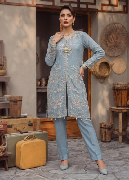 Embroidered Organza Duck Egg Grey Pakistani Suit Online in Dubai DXB UAE Abudhabi Meena Bazaar