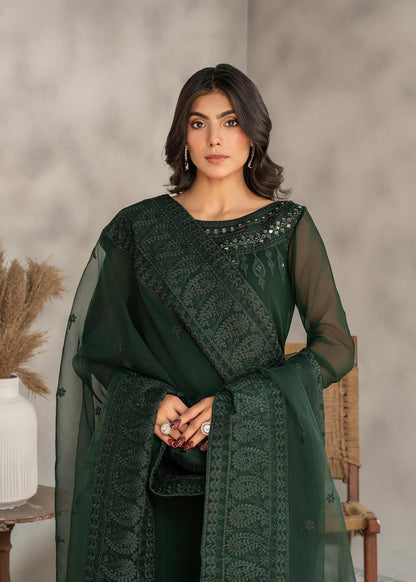 Embroidered Organza Dupatta Raw Silk Trouser Bottle Green Suit Online in Sri Lanka India Australia
