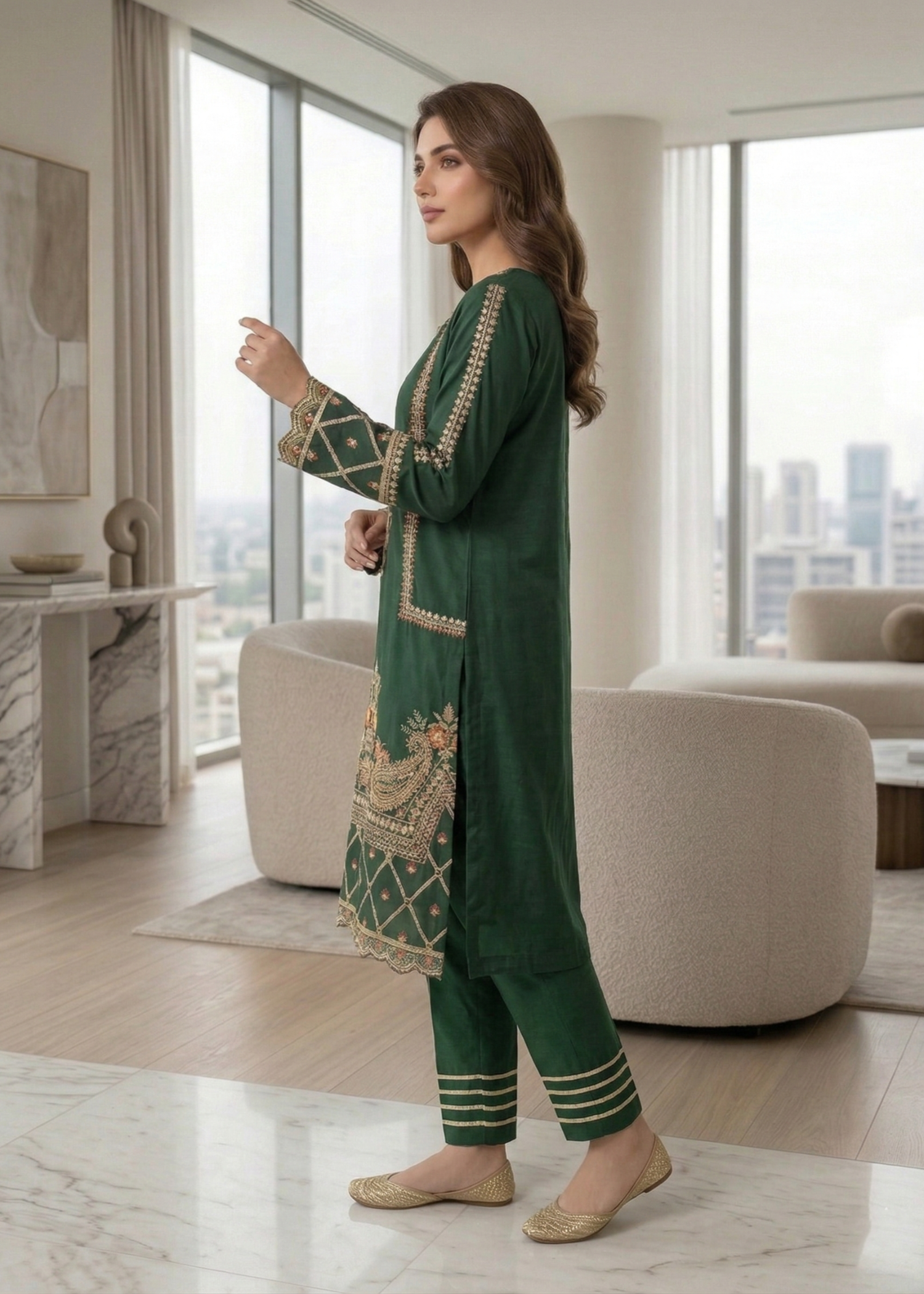 Embroidered Organza Green Kurta Trouser Dupatta Online in Dubai DXB UAE Abudhabi Meena Bazaar