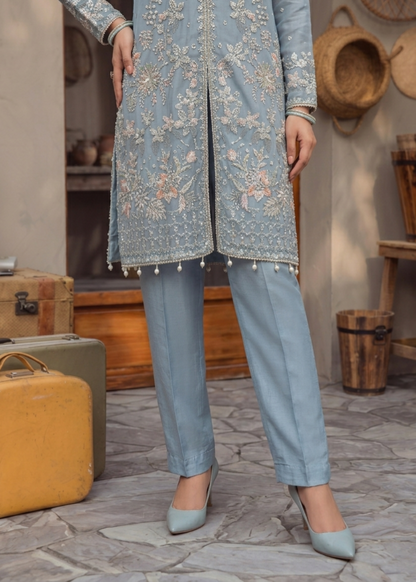 Embroidered Organza Grey Blue Ladies Salwar Kameez Online in UK USA Canada