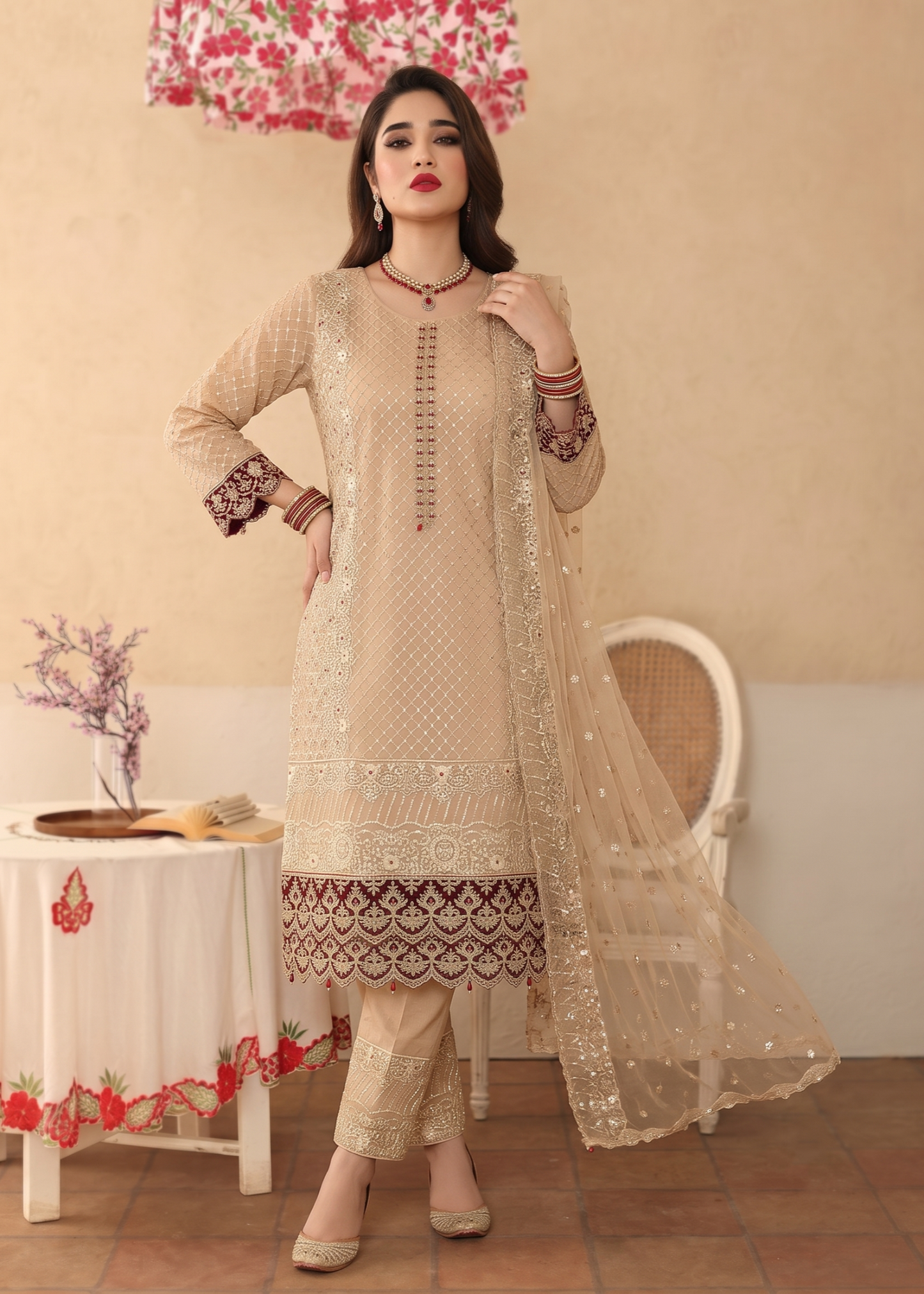 Embroidered Organza Ladies Suit Peach Orange Online in Dubai UAE Abudhabi Ajman Sharjah