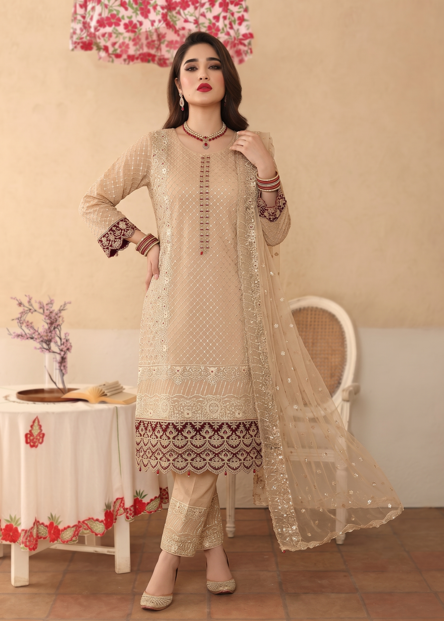 Embroidered Organza Ladies Suit Peach Orange Online in Dubai UAE Abudhabi Ajman Sharjah