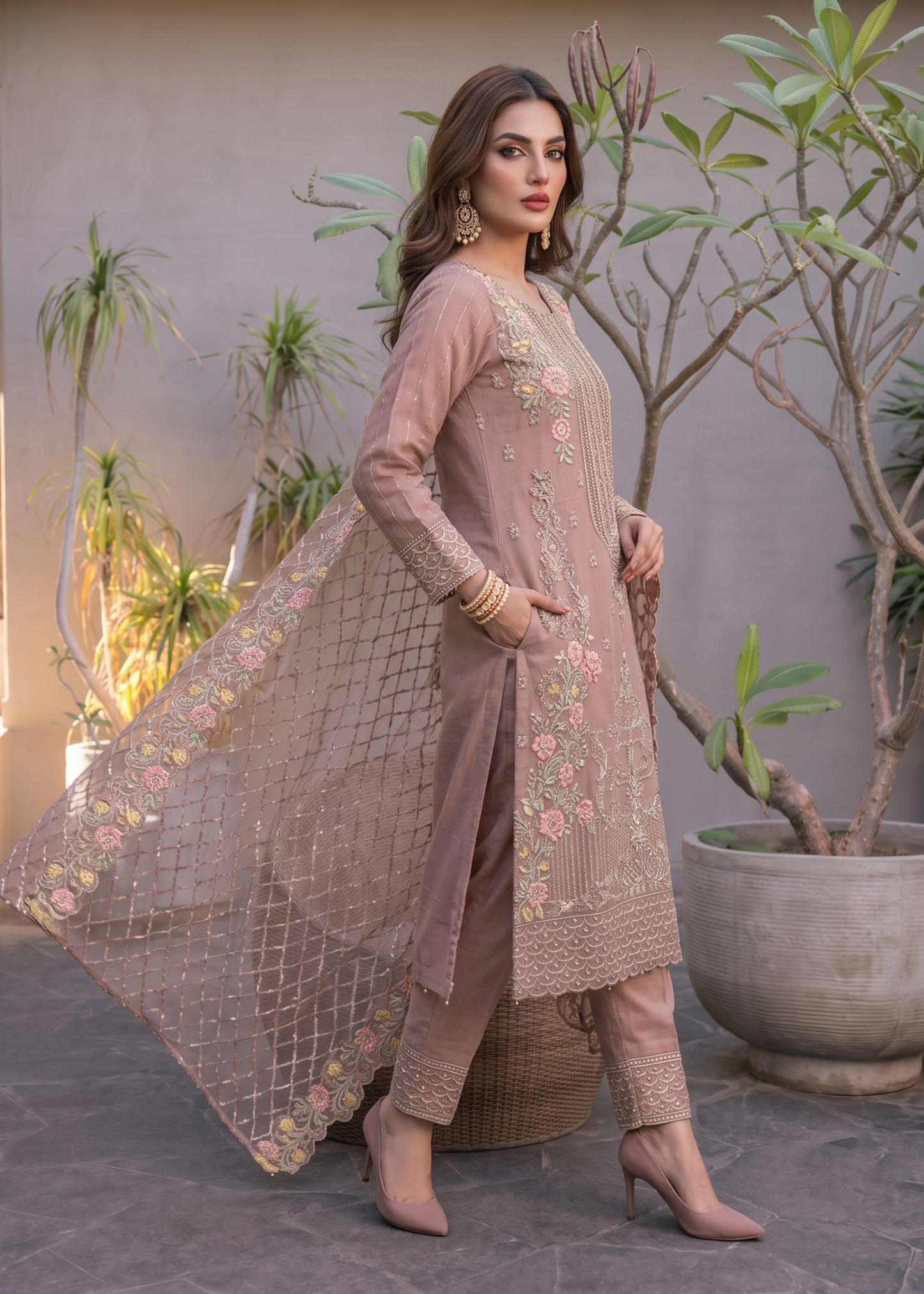 Embroidered Organza Mauve Pink Designer Salwar Kameez Online in Dubai DXB UAE Abudhabi Meena Bazaar