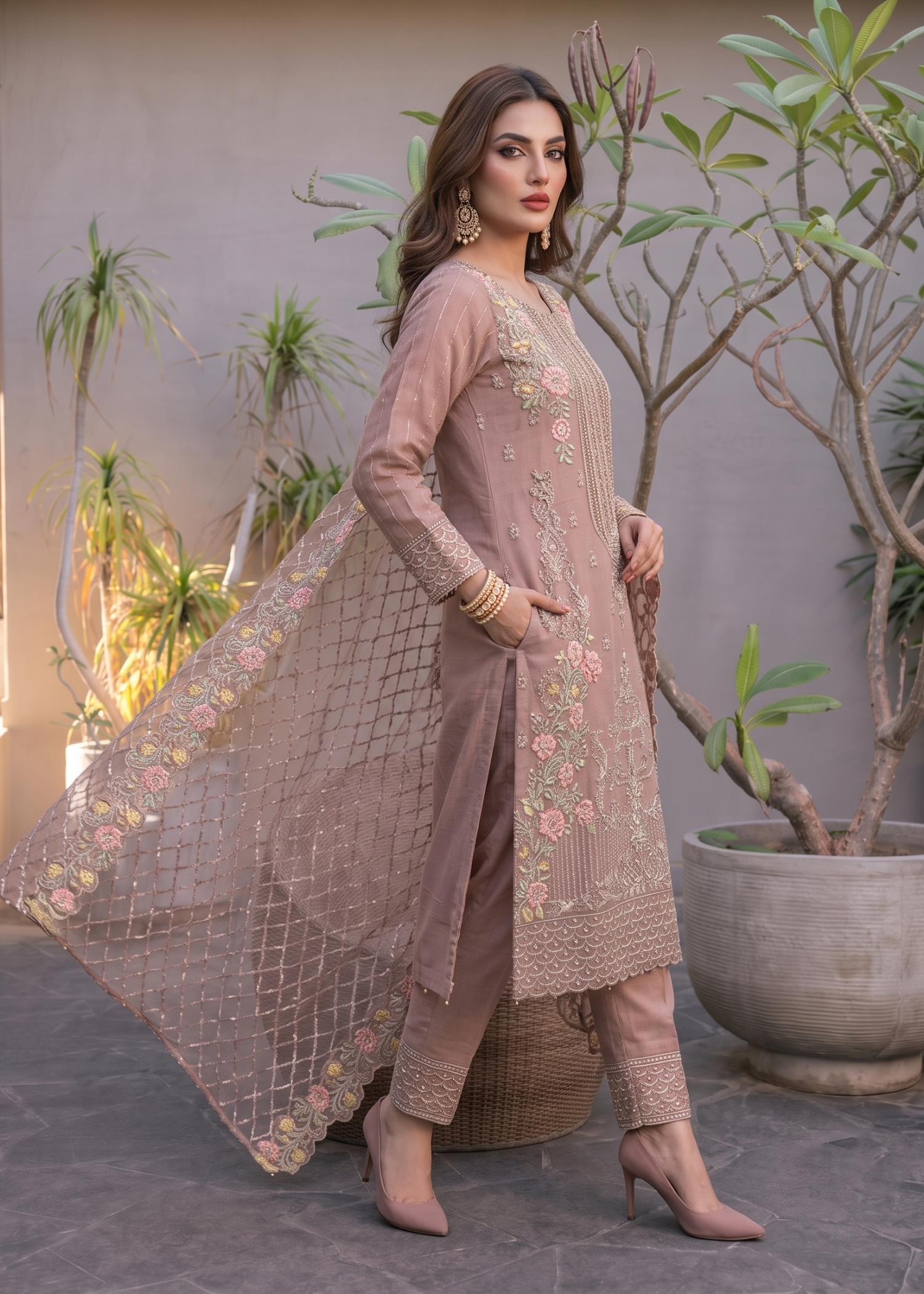 Embroidered Organza Mauve Pink Designer Salwar Kameez Online in Dubai DXB UAE Abudhabi Meena Bazaar