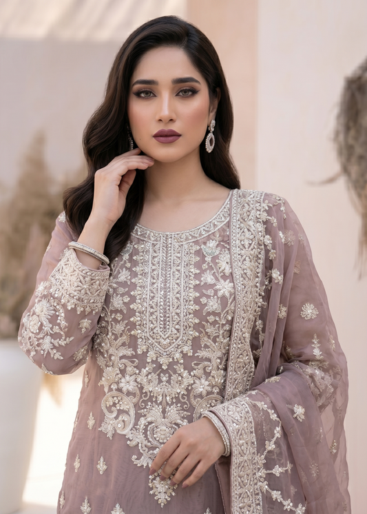 Embroidered Organza Mauve Pink Shalwar Kameez Online in Dubai DXB UAE Abudhabi Meena Bazaar