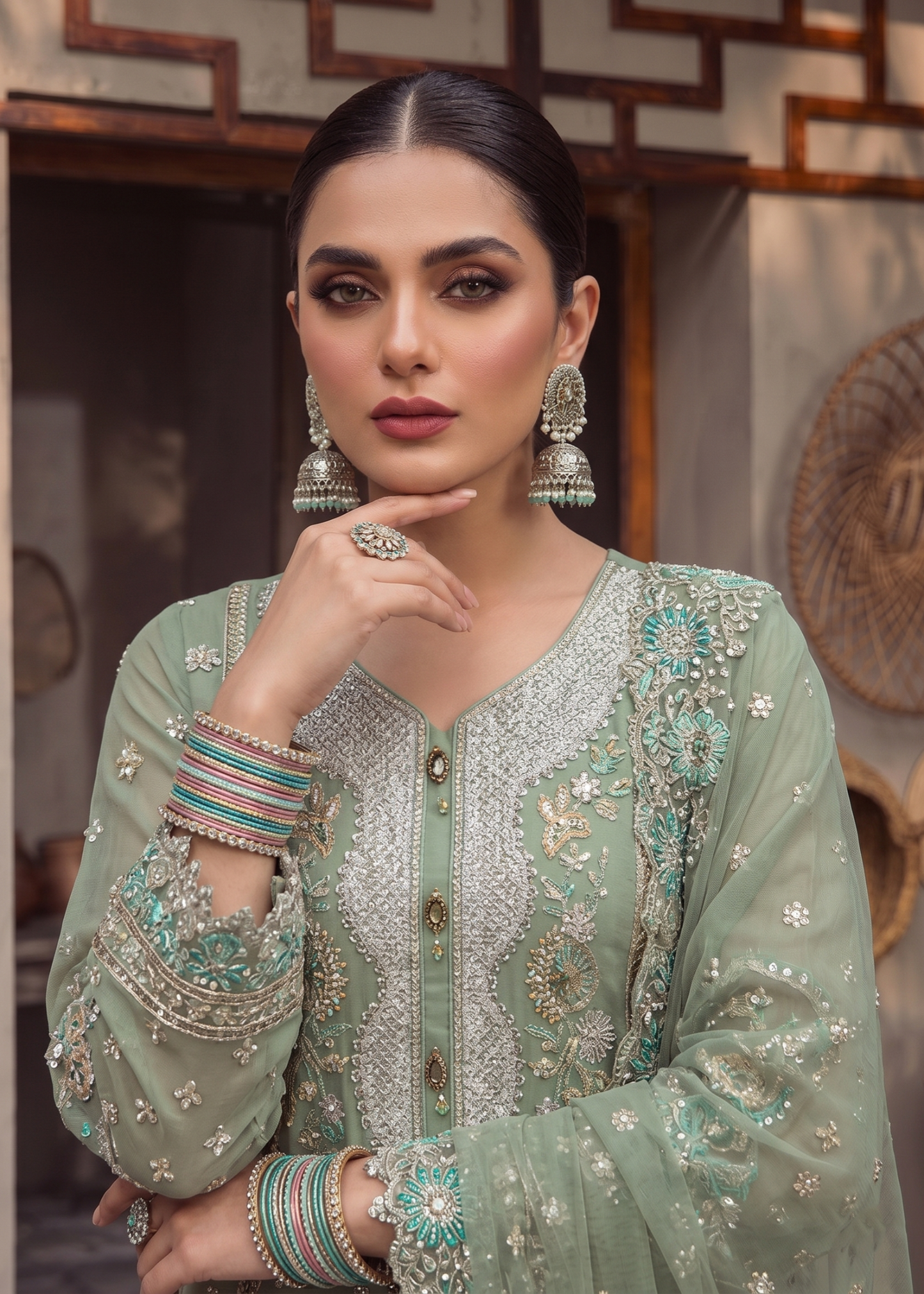 Embroidered Organza Moss Green Party Suit Online in Sri Lanka India Australia