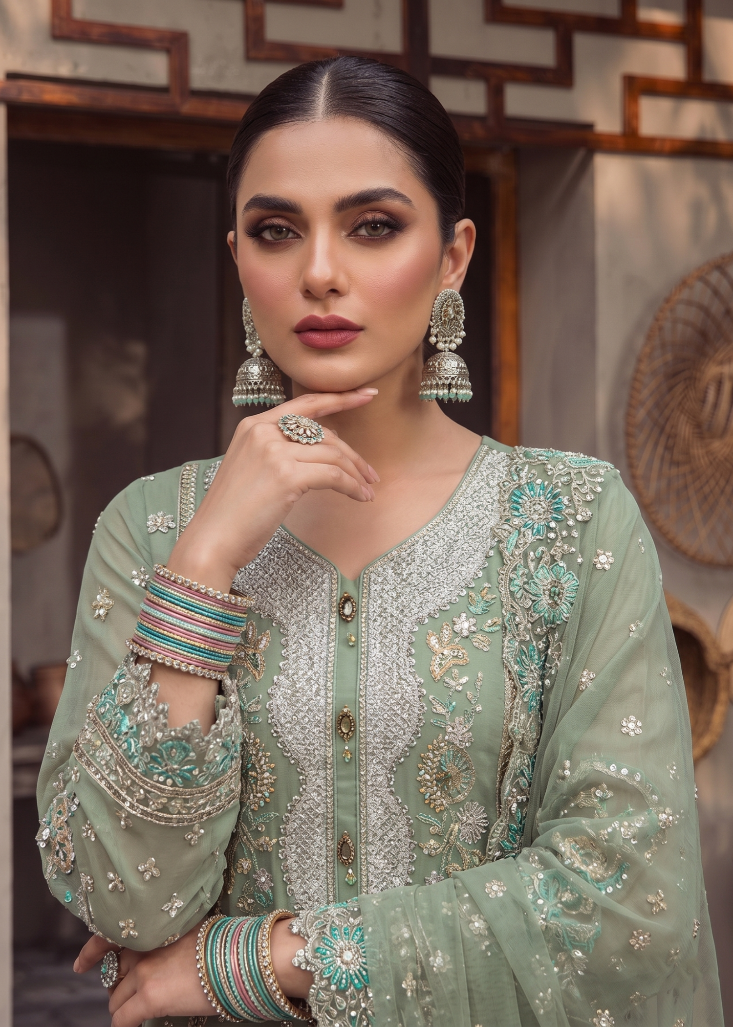 Embroidered Organza Moss Green Party Suit Online in Sri Lanka India Australia