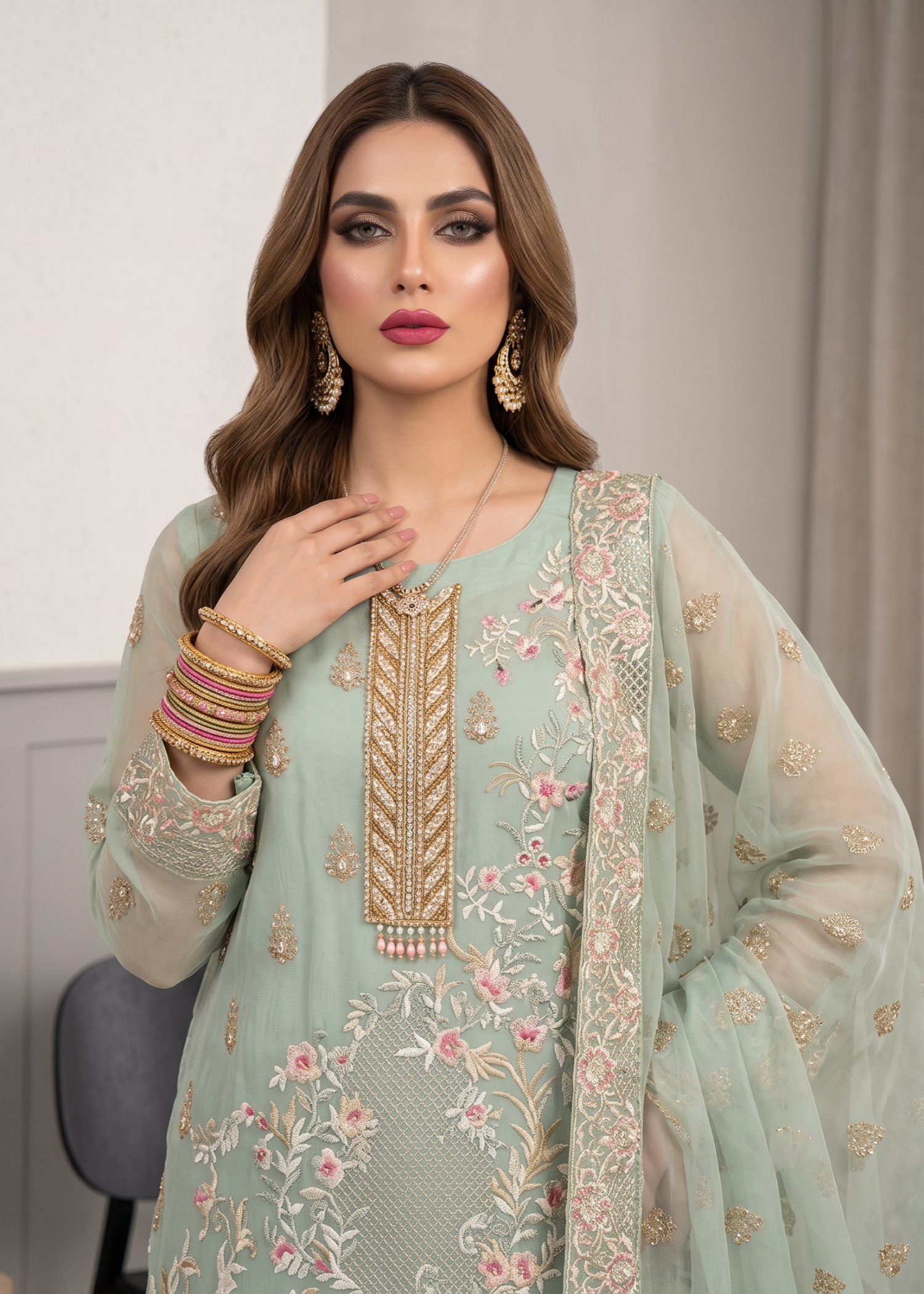 Embroidered Organza Pakistani Suit Online in Dubai DXB UAE Abudhabi Meena Bazaar