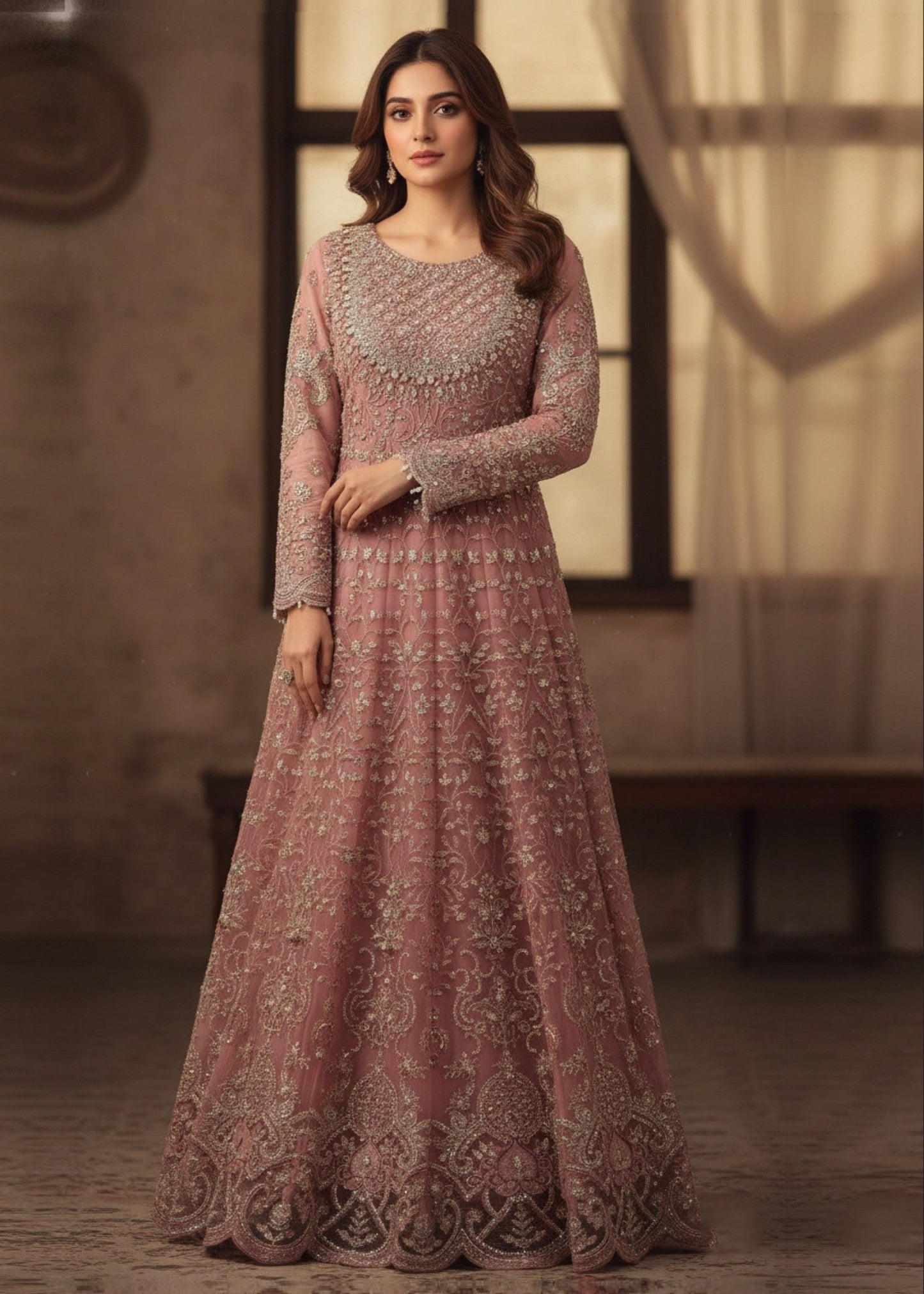 Embroidered Organza Salwar Kameez Tea Rose Pink Online in KSA Riyadh Saudi Arabia Oman Bahrain Qatar