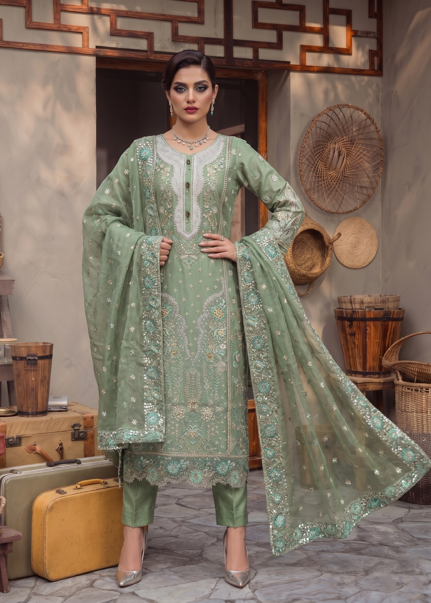 Embroidered Organza Straight Kurta Suit Online in Dubai DXB UAE Abudhabi Meena Bazaar