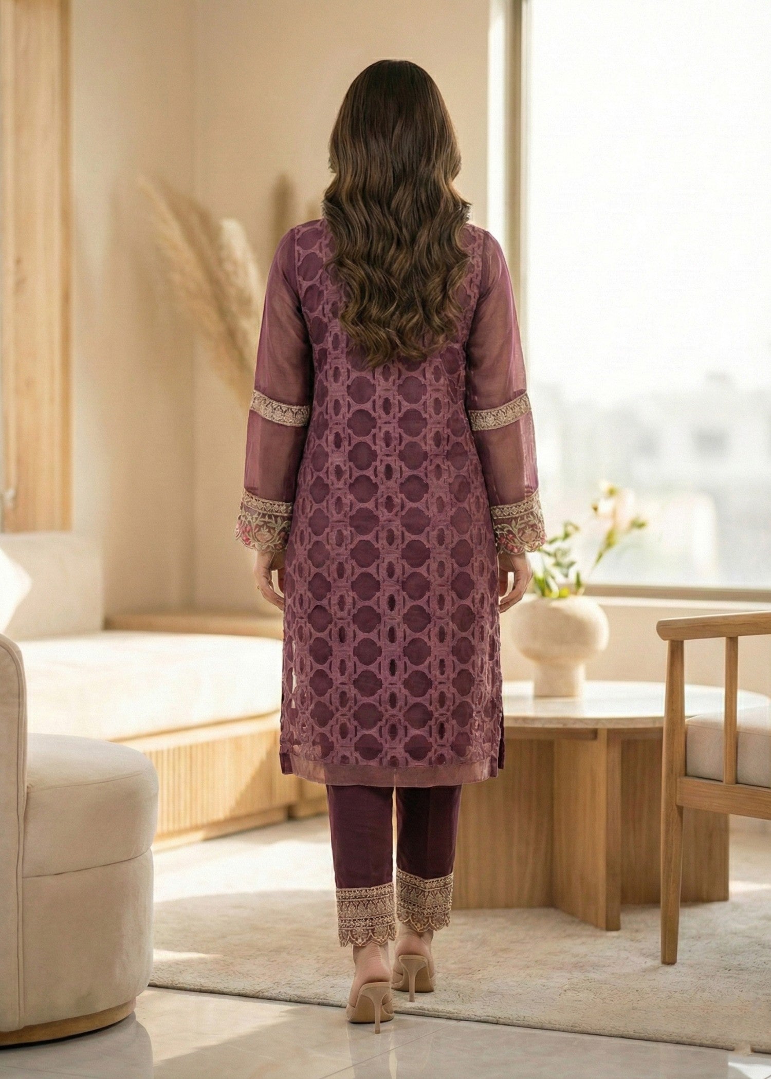 Embroidered Organza Three Piece Suit Online in Dubai DXB UAE Abudhabi Meena Bazaar
