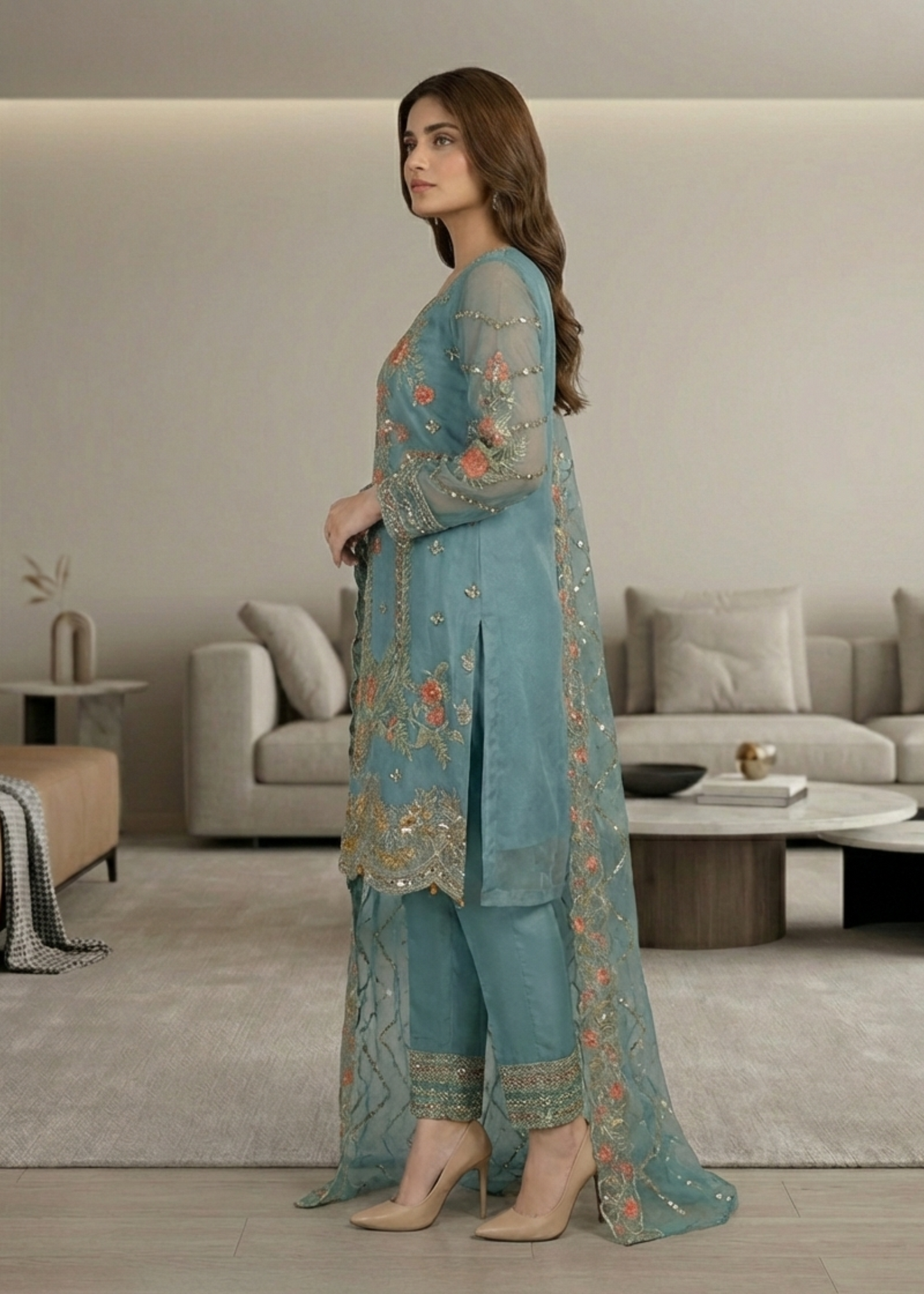 Embroidered Organza Three Piece Suit Online in Dubai UAE Abudhabi Ajman Sharjah