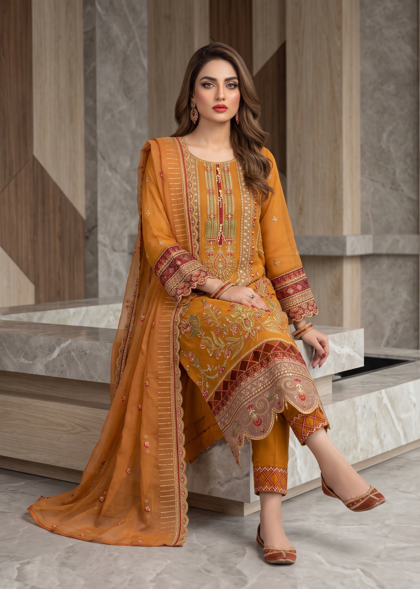Embroidered Organza Three Piece Suit Rust Orange Online in Dubai DXB UAE Abudhabi Meena Bazaar