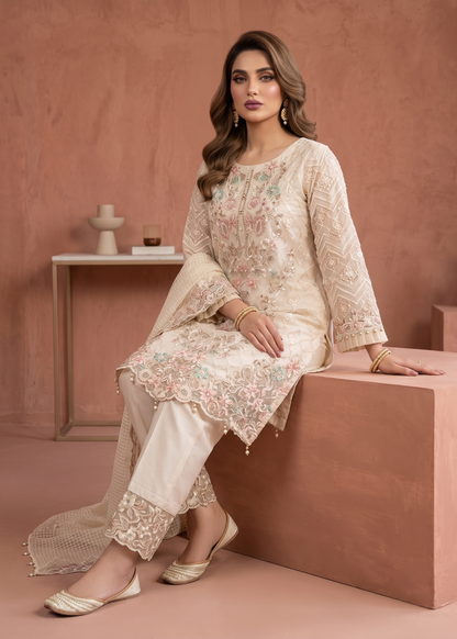 Embroidered Organza White Ladies Partywear Suit Online in KSA Riyadh Saudi Arabia Oman Bahrain Qatar
