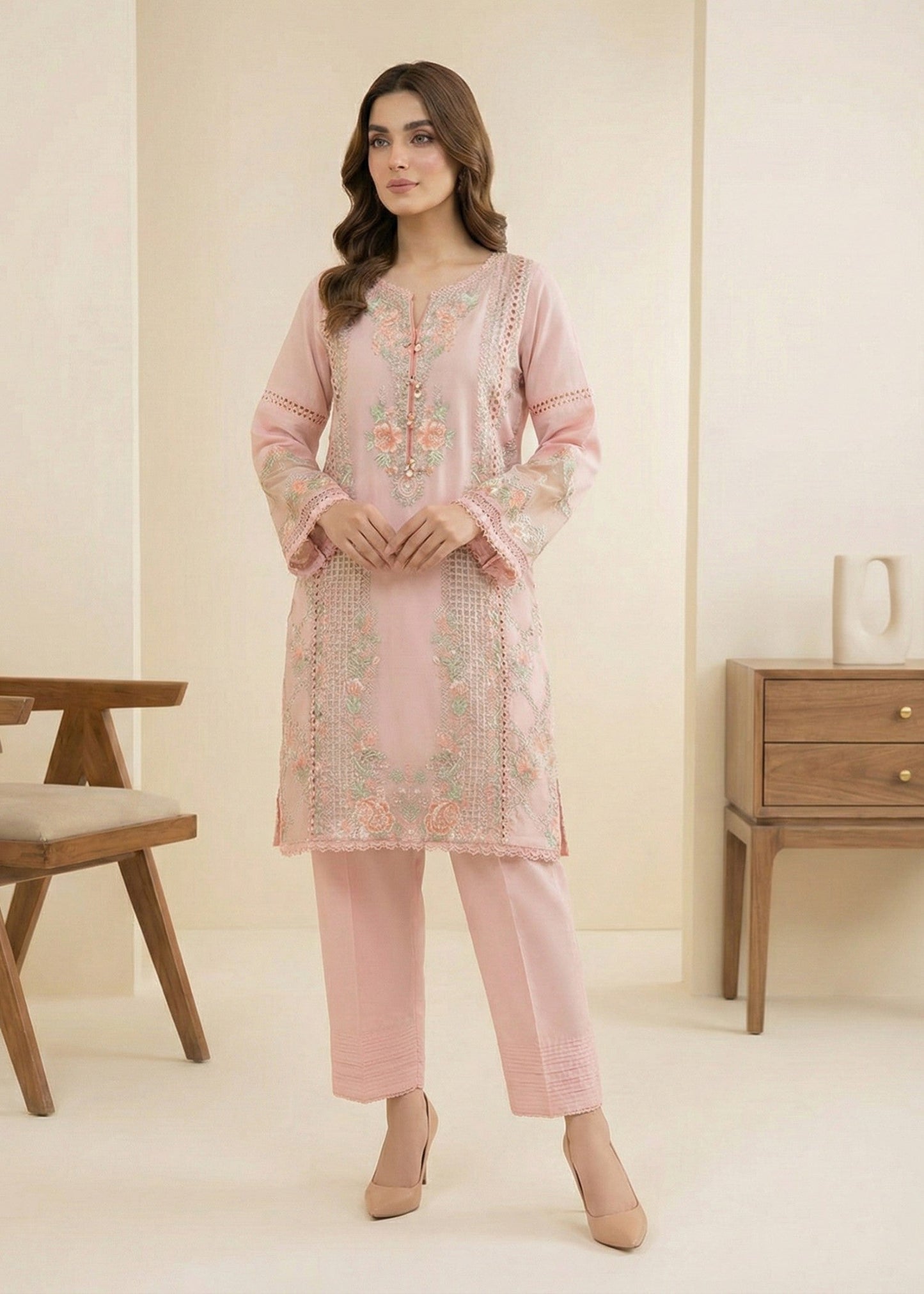 Embroidered Pale Pink Lawn Kurta Suit Online in Dubai DXB UAE Abudhabi Meena Bazaar