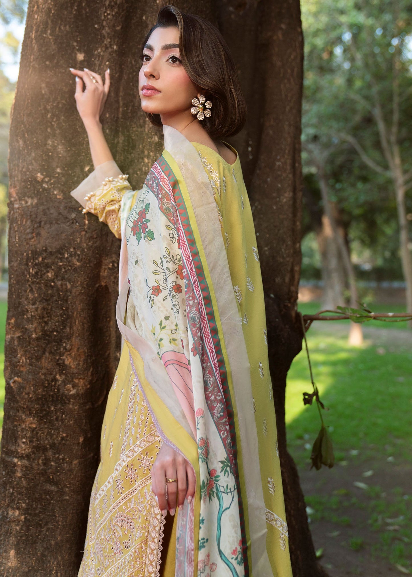 Embroidered Pale Yellow Lawn Suit with Cambric Trousers Online in UK USA Canada