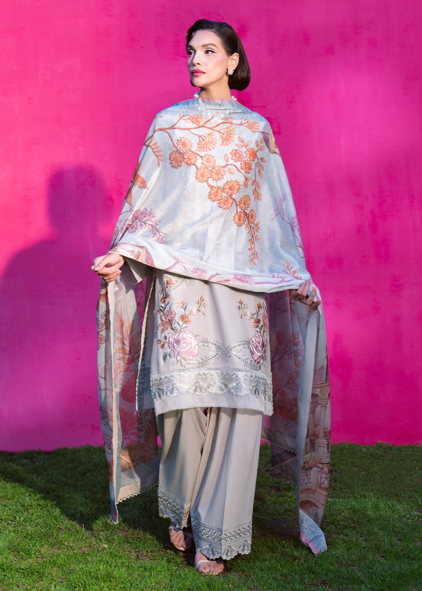 Embroidered Pastel Grey Lawn Dress Material Online in Dubai UAE Abudhabi Ajman Sharjah