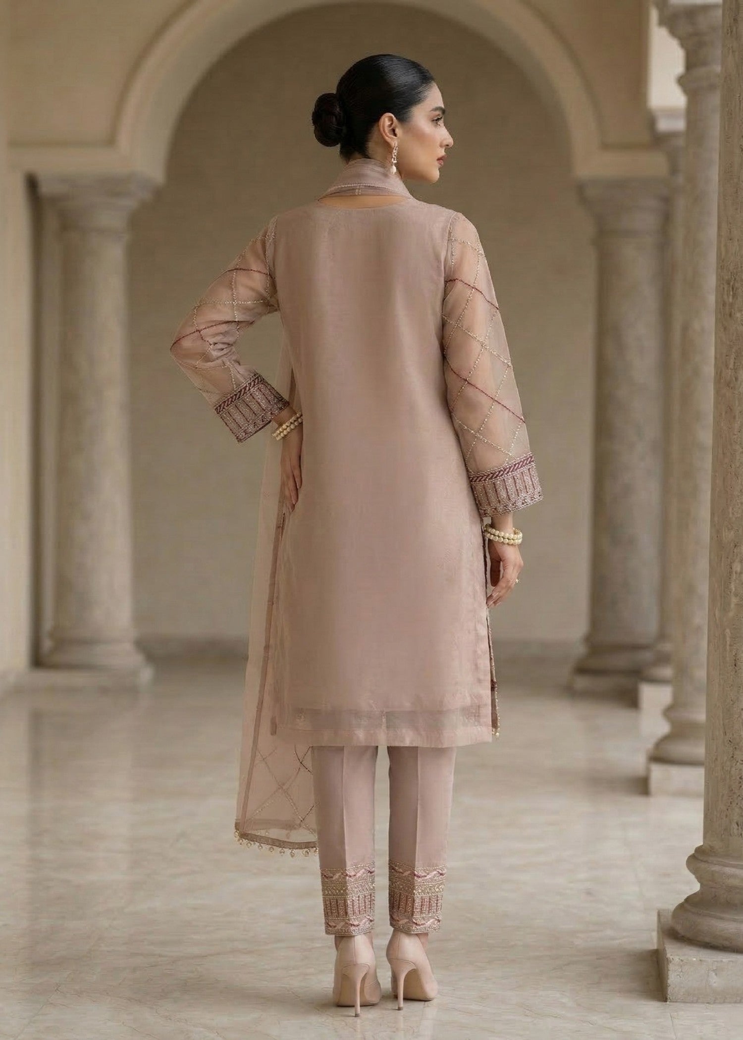 Embroidered Pastel Pink Organza Dress Material Online in Dubai DXB UAE Abudhabi Meena Bazaar