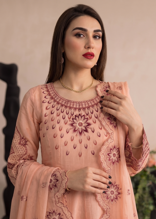 Embroidered Peach Cotton 3 Piece Suit Online in Dubai DXB UAE Abudhabi Meena Bazaar