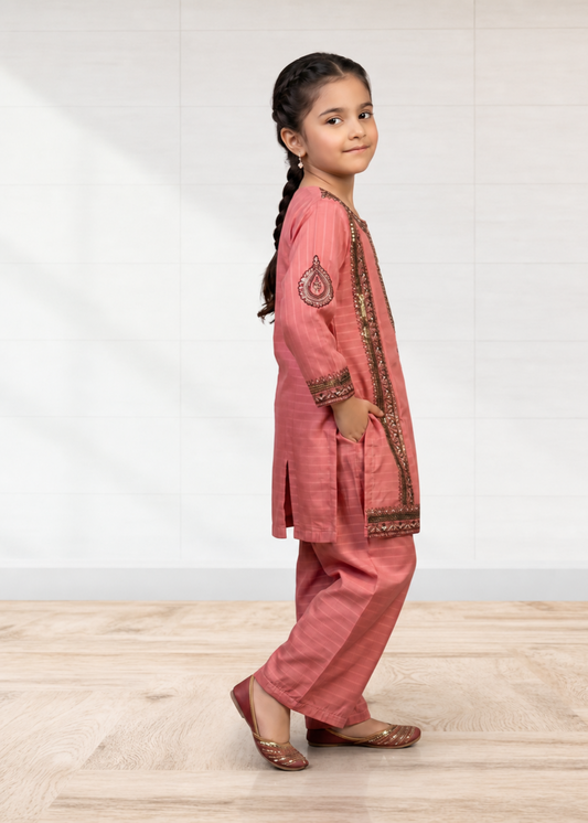 Embroidered Peach Cotton Kurta Set for Girls Online in UK USA Canada