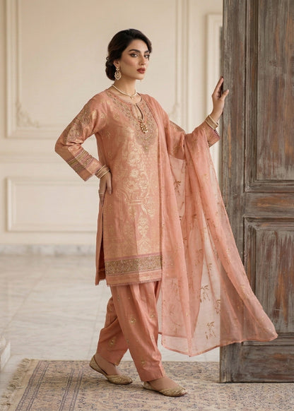 Embroidered Peach Jacquard Salwar Kameez Online in KSA Riyadh Saudi Arabia Oman Bahrain Qatar