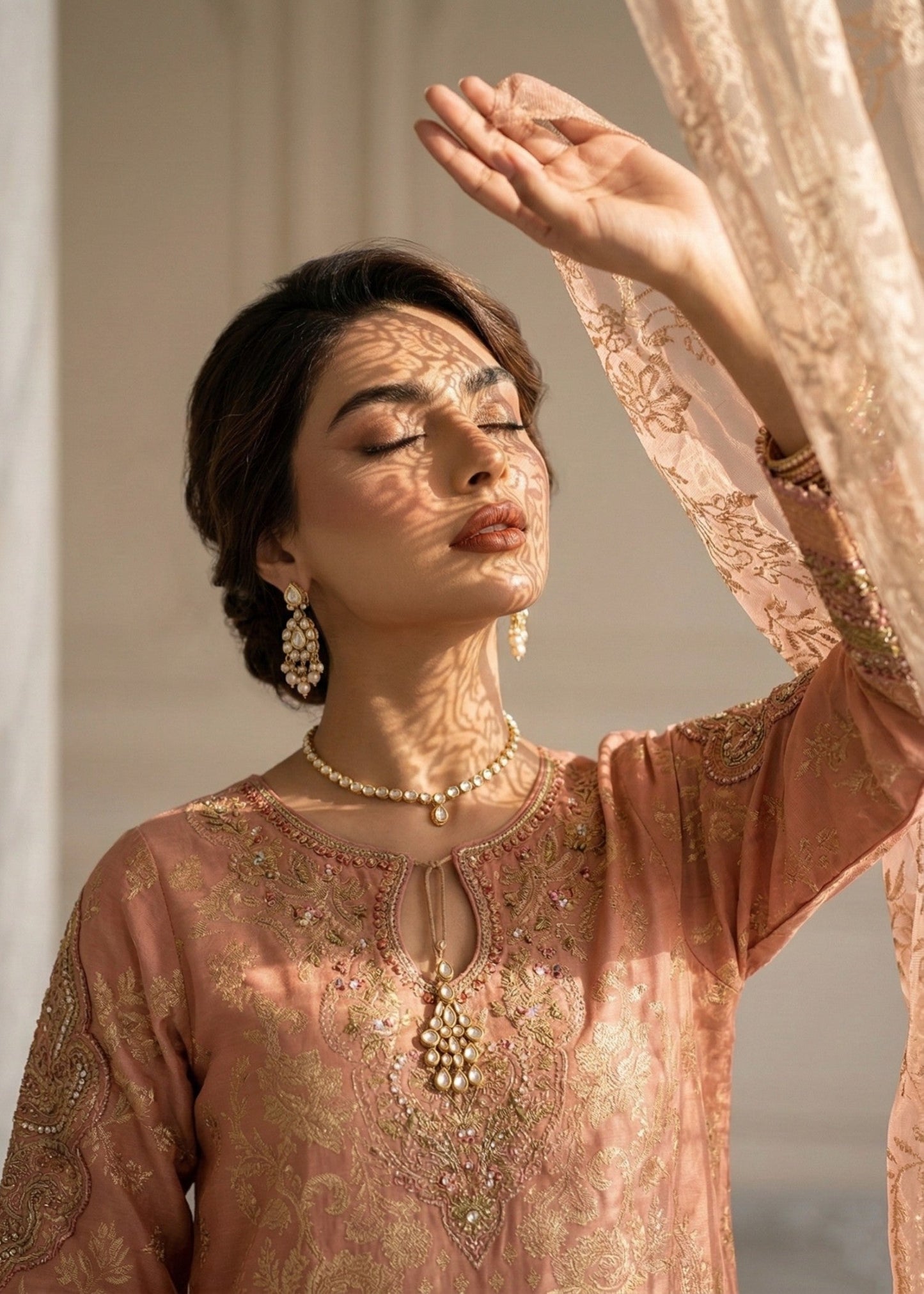 Embroidered Peach Jacquard Salwar Suit Online in KSA Riyadh Saudi Arabia Oman Bahrain Qatar