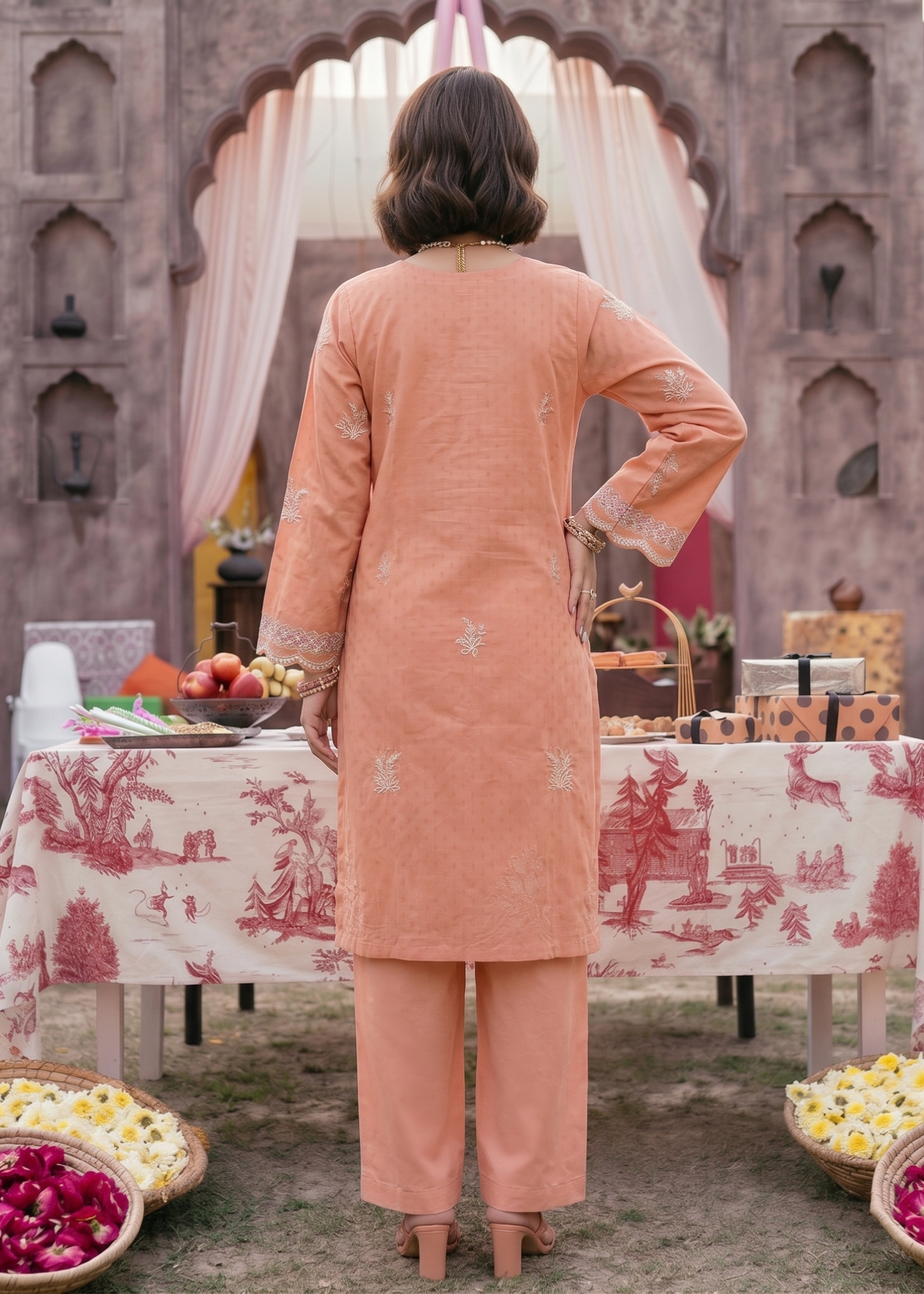 Embroidered Peach Lawn 3 Piece Suit Online in Dubai UAE Abudhabi Ajman Sharjah