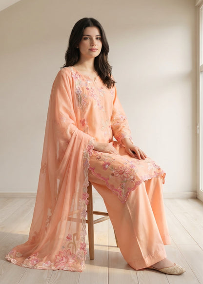 Embroidered Peach Lawn Cotton Ladies Salwar Kameez Online in UK USA Canada