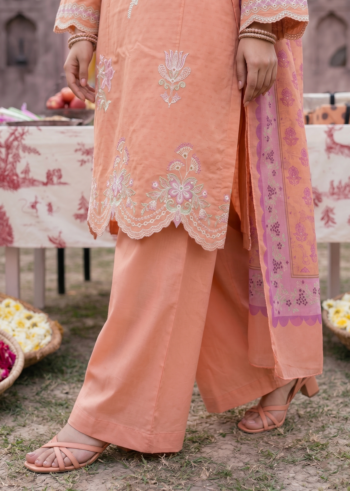 Embroidered Peach Lawn Festive Wear Suit Online in Dubai UAE Abudhabi Ajman Sharjah