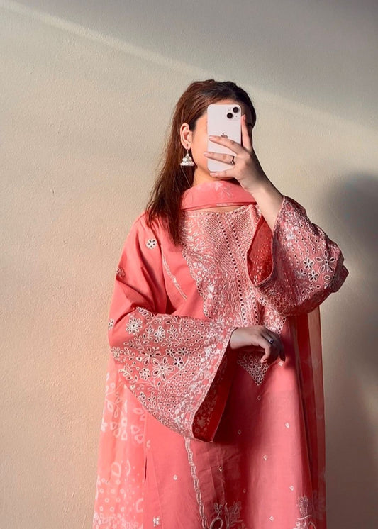 Embroidered Peach Lawn Salwar Kameez Online in UK USA Canada