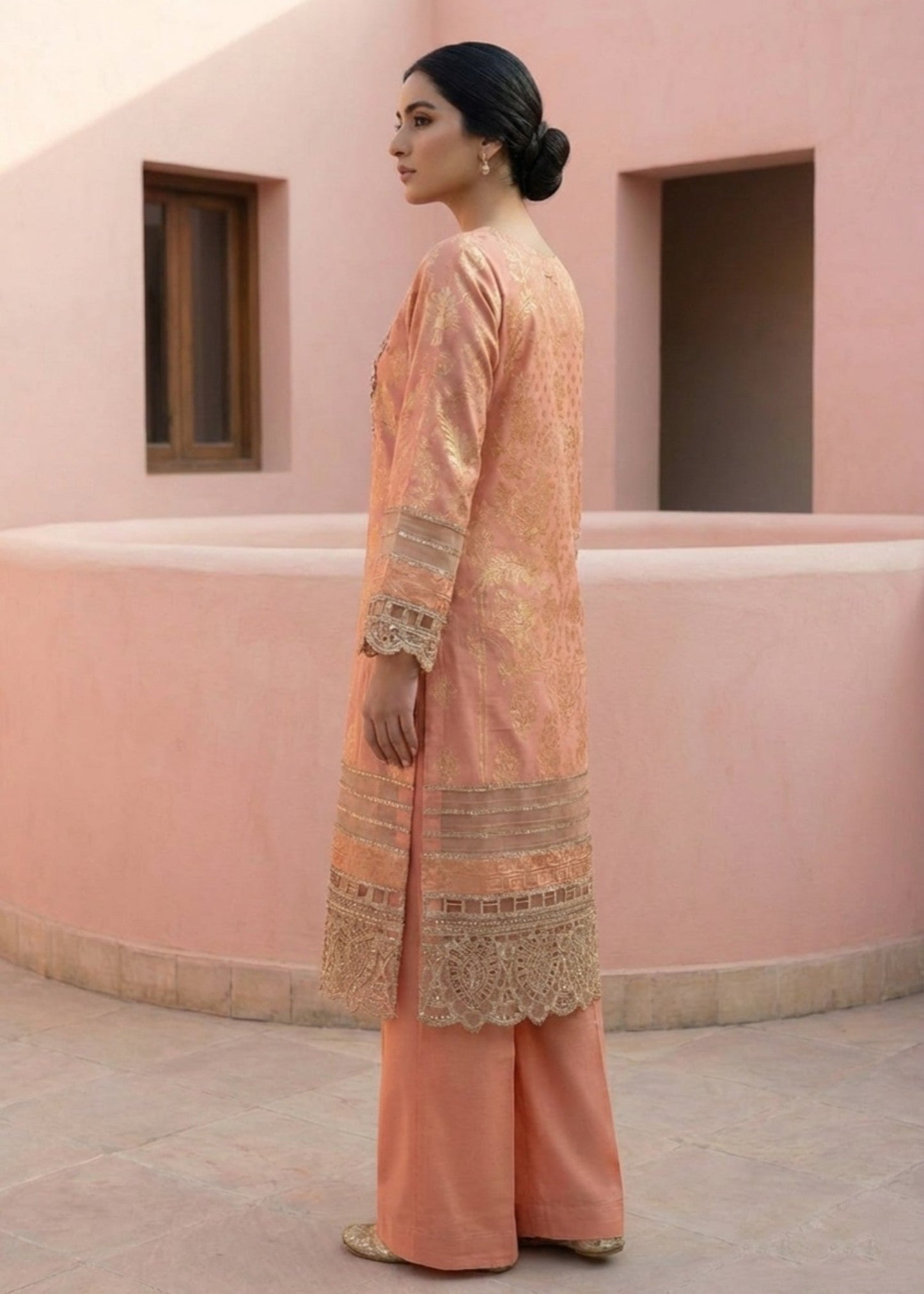 Embroidered Peach Lawn Suit with Cotton Trouser Online in Dubai DXB UAE Abudhabi Meena Bazaar