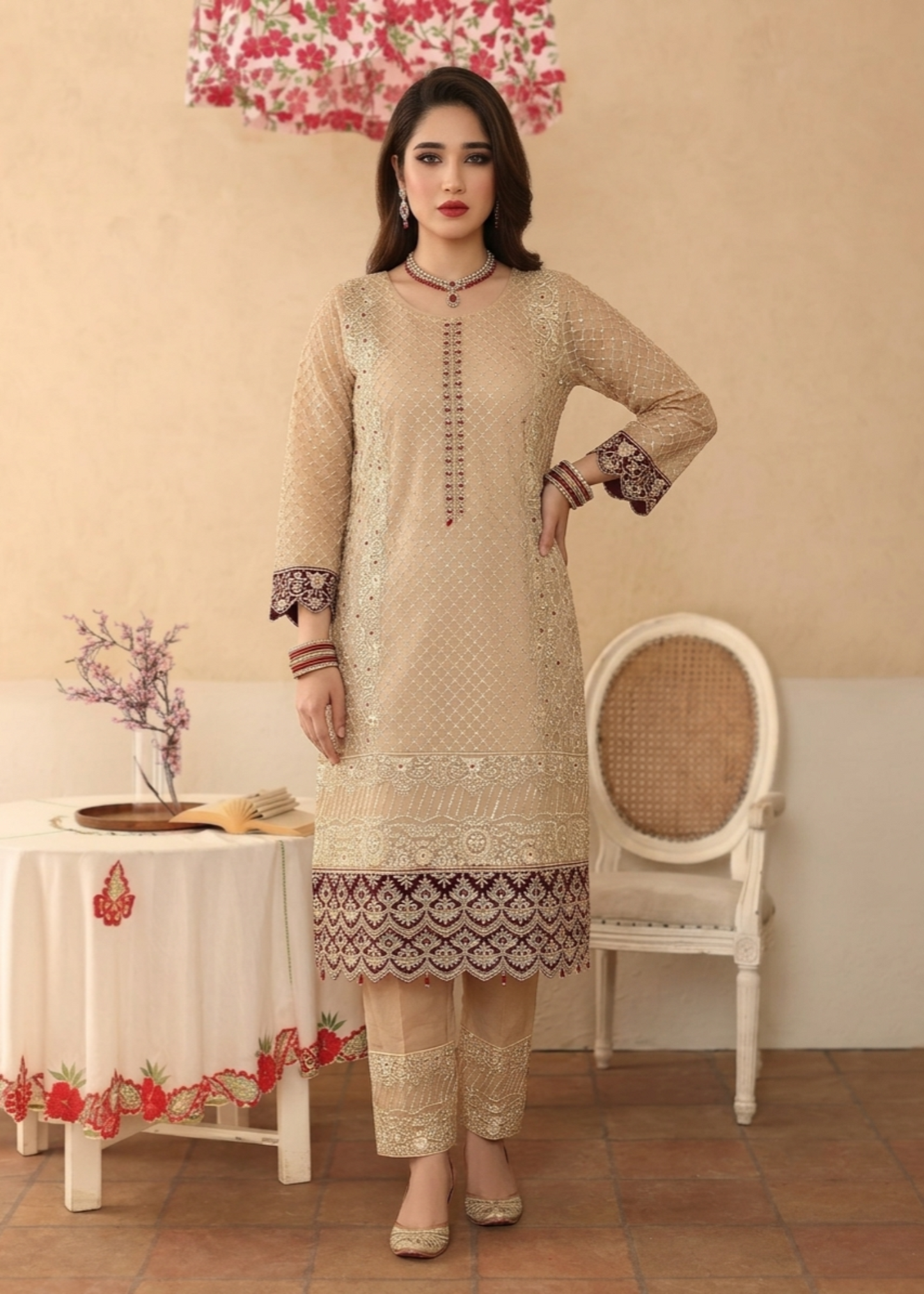 Embroidered Peach Orange Organza Party Suit Online in Dubai UAE Abudhabi Ajman Sharjah