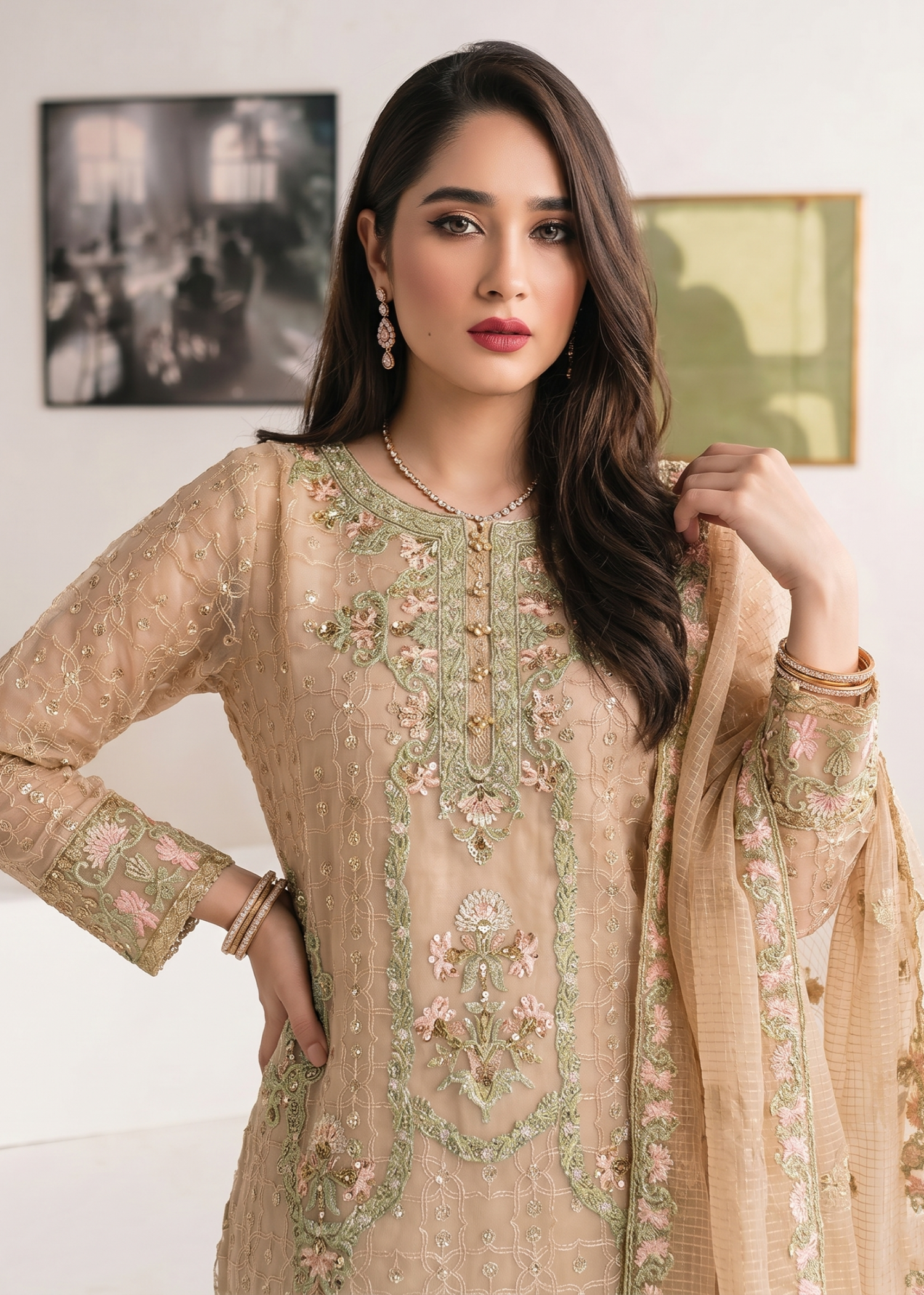 Embroidered Peach Organza Pakistani Dress Online in Dubai UAE Abudhabi Ajman Sharjah